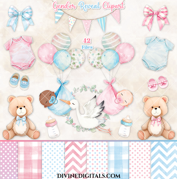 Watercolor Baby Boy Girl Pink Blue Stork Balloons Teddy Bear Bunting Bows Wreath Shoes Digital Papers Gender Reveal | Clipart Digital Images