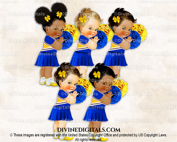 Cheerleader Uniform Royal Blue & Yellow Sneakers Pom Poms Bows Baby Girl