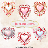 Decorative Hearts Rococo Baroque Red Pink Gold Silver Rose Gold Antique Hearts Vintage Printable Clipart Instant Download