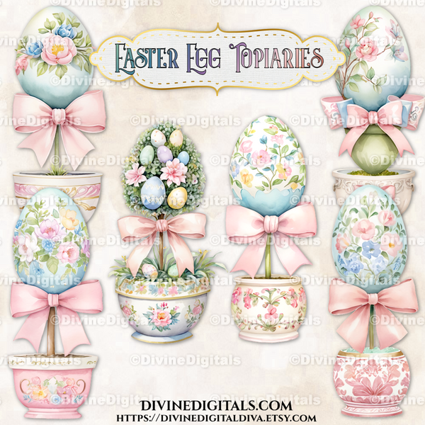Watercolor Easter Egg Topiary Pastels Pink Bows Clipart Images Digital Download