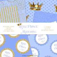 Little Prince Blue Gold Glitter Dot Stripe Crown Baby Boy | Digital Scrap Paper Instant Download CU