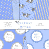 Little Prince Blue Silver Glitter Dot Stripe Crown Baby Boy | Digital Scrap Paper Instant Download CU