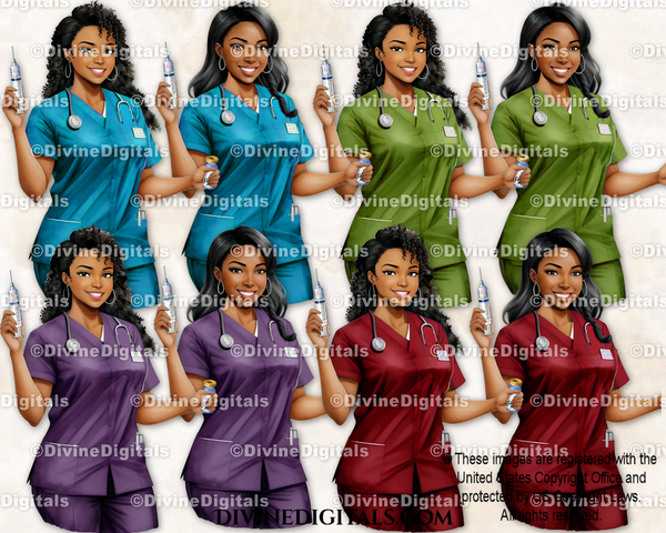 Nurses Fashion Illustration Scrubs Ladies of Color Dark Tone Women Clipart Digital Images Instant Download
