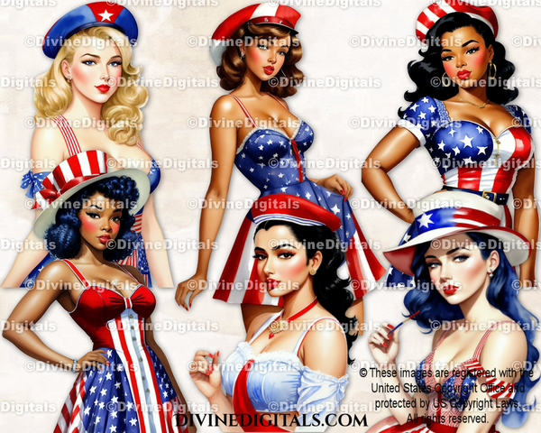 Patriotic Pinups Red White Blue 4th of July USA Multi Cultural Ladies Digital Images Clipart Instant Download