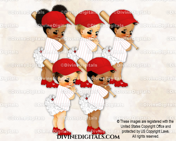 Baseball Player White Red Pinstripe Cap Bat Baby Girl