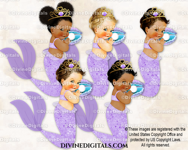 Lavender Mermaid Gold Tiara Holding a Shell Baby Girl
