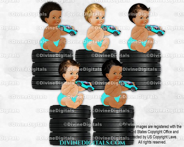 Wheels Little Prince Turquoise Diaper & Toy Car Sitting on Tires Baby Boy