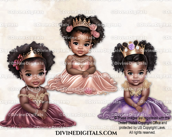 Princess Satin Gown Crown Rose Gold Burgundy Purple | Baby Girl Dark Skin Tone | Digital Image Instant Download
