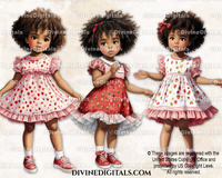 Strawberry Theme Girl Toddler Pink & Red Ruffle Dress Curly Hair Watercolor Clipart Images