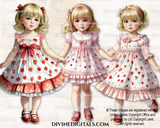 Strawberry Girl Toddler Pink & Red Ruffle Dress Blonde Hair Watercolor Clipart Images