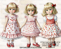 Strawberry Girl Toddler Pink & Red Ruffle Dress Blonde Hair Watercolor Clipart Images
