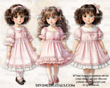 Little Girl Toddler Pink & White Summer Dress Fashion Brunette Hair Watercolor Clipart Images