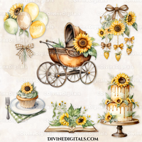 Sunflower Baby Decorations Clipart Images Baby Shower Hot Air Balloon Dreamcatcher Carriage Chair Curtains Cake Crown Instant Download CU