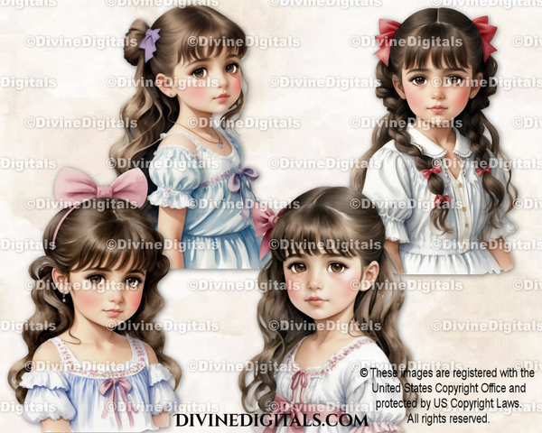 Baby Watercolor Portraits Girls Big Bow Long Brunette Curly Wavy Hair Clipart