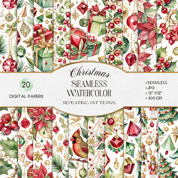 Watercolor Christmas Digital Paper Seamless Printable Backgrounds Presents Ornaments Trees Jewels Holly Berry Poinsettia Instant Download CU
