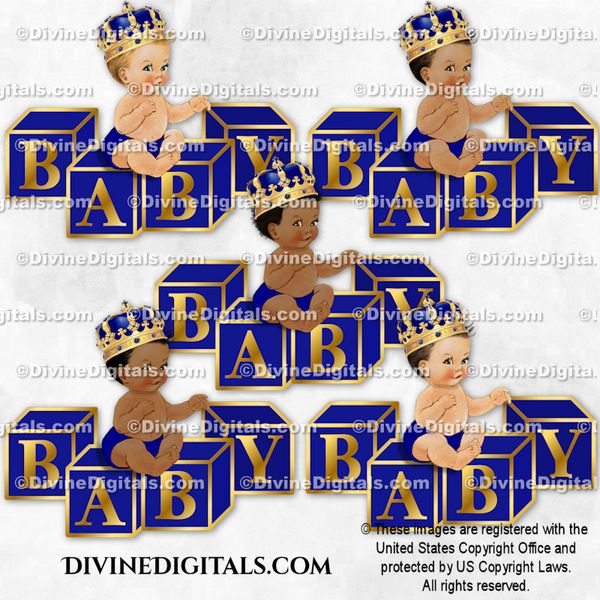 Little Prince Royal Blue Ornate Gold Crown Sitting on Blocks Baby Boy
