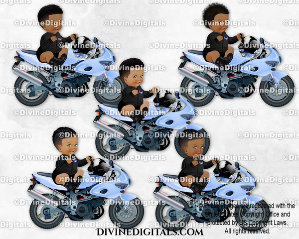 Sitting on Motorcycle Helmet Boots Black Light Blue Biker Baby Boy Babies of Color