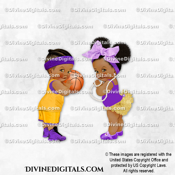 Free Throws or Bows Basketball Purple Gold Gender Reveal Baby Boy Girl DARK Braids Puffs