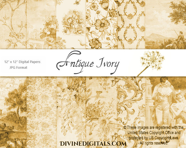 Antique Ivory Toile Florals Damask Chinoiseries Scrapbooking Journaling 12 x 12 Backgrounds Digital Paper Printable