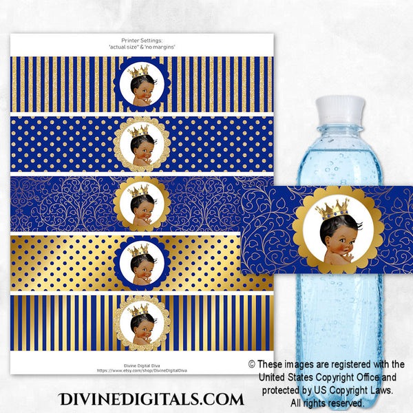 Little Prince Royal Blue Gold Crown Printable Water Bottle Labels Baby Boy DARK