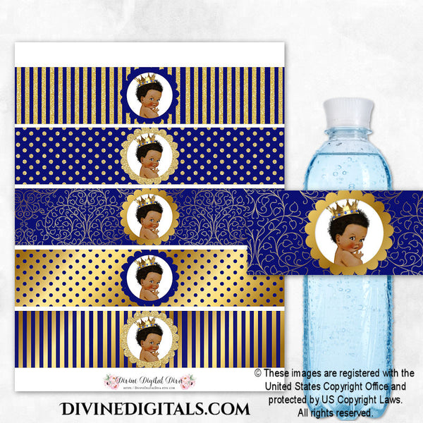 Little Prince Royal Blue Gold Crown Printable Water Bottle Labels Baby Boy DARK Curly Hair