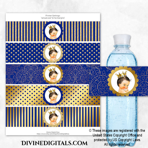 Little Prince Royal Blue Gold Crown Printable Water Bottle Labels Baby Boy LIGHT