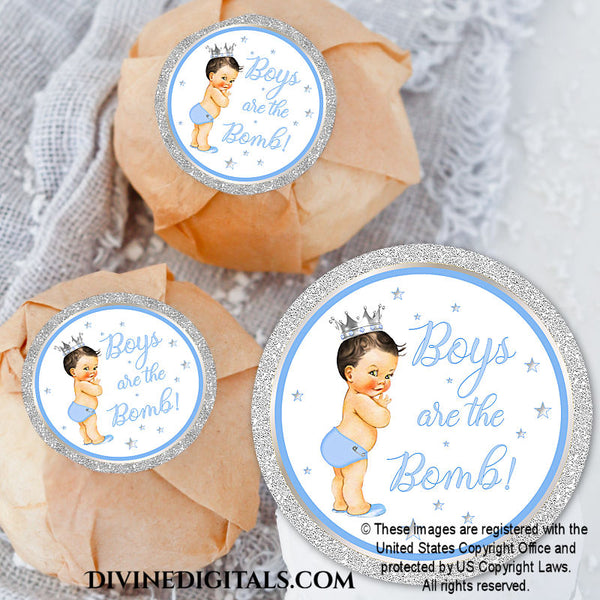 Boys are the Bomb! Bath Bomb Labels 3" Circles Blue Silver Printable Water Bottle Labels Baby LIGHT