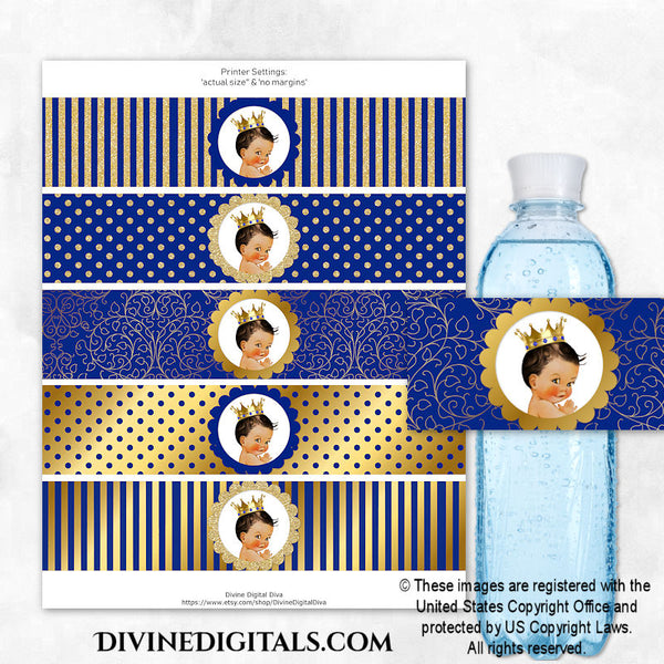 Little Prince Royal Blue Gold Crown Printable Water Bottle Labels Baby Boy MEDIUM
