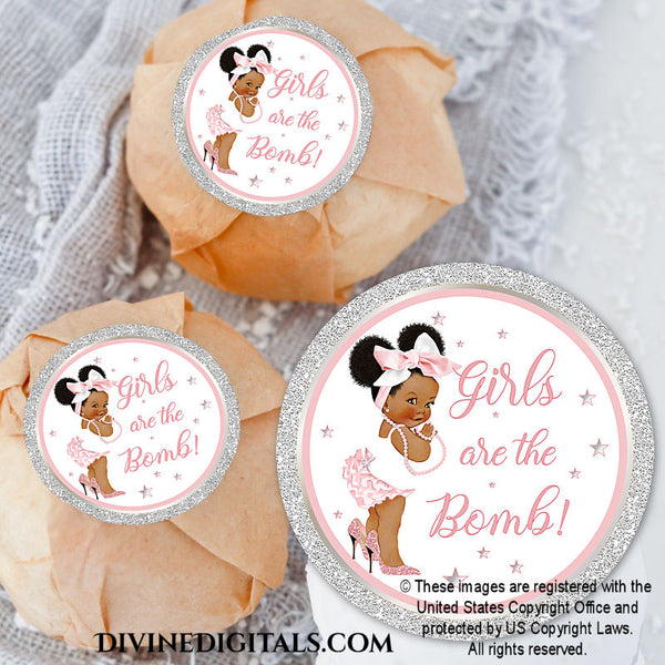 Girls are the Bomb! Bath Bomb Labels 3" Circles Pink Silver Printable Water Bottle Labels Baby Girl DARK