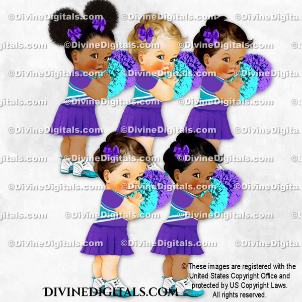 Cheerleader Uniform Purple Turquoise Skirt Sneakers Pom Poms Bows Baby Girl