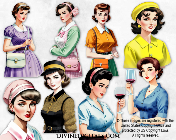 Retro Housewives 1950's Women Fashion Hat Purse Wine Clipart Digital Images Instant Download