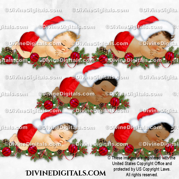 Sleeping Baby Boy Santa Red Hat on Garland with Pine Cones Ribbon Christmas Ornaments