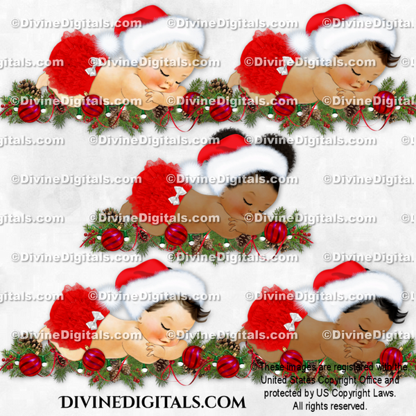 Sleeping Baby Girl Santa Red Hat on Garland with Pine Cones Ribbon Christmas Ornaments