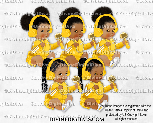 Hip Hop Headphones Rattle Sneakers Gold Chain Yellow Sitting Baby Girl Babies of Color