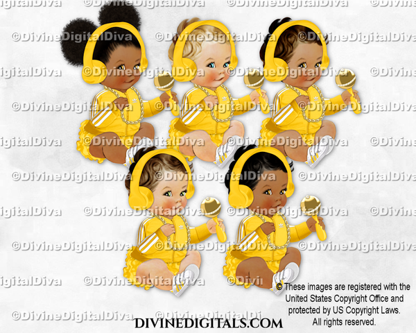 Hip Hop Headphones Rattle Sneakers Gold Chain Yellow Sitting Baby Girl