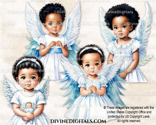 Baby Angel Wings Watercolor Portraits Girls African American Clipart