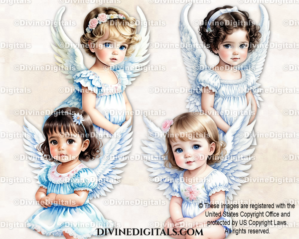 Baby Angel Wings Watercolor Portraits Girls Light Skin Tone Clipart