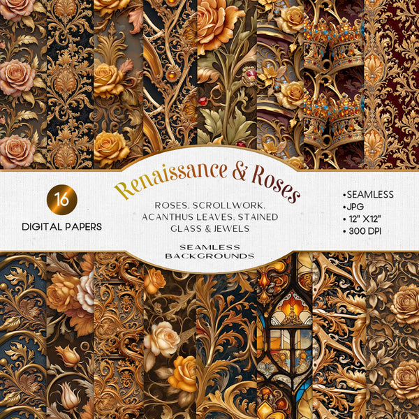 Renaissance & Roses Gold Scrolls Stained Glass Jewels Digital Papers Seamless Patterns Maximalist Backgrounds Wallpaper Instant Download CU