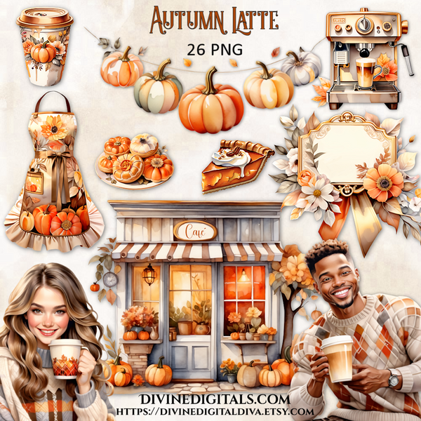 Watercolor Autumn Fall Latte Coffee Bar Pumpkin Flowers Sweater Weather Orange Rust Beige Clipart Images 26 PNG Digital Download CU