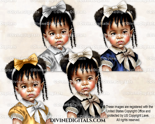 Portraits Lace Dress Big Bow Black Navy Gold Silver Dark Tone Baby Girl Clipart