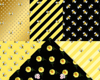Bumble Bee Gold Glitter Sunflower Dot Stripe Digital Papers Yellow & Black | Instant Download Instant Download CU