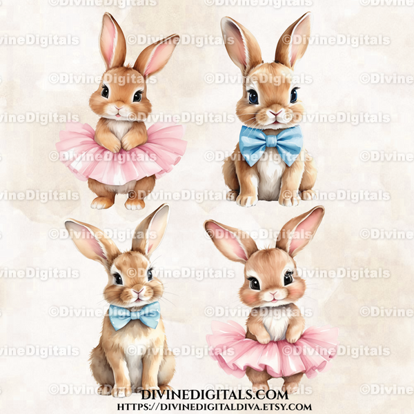 Easter Baby Bunnies Bow Tie Tutu Ballerina Pink Blue Gender Reveal Clipart Images Digital Download