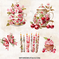 Watercolor Cherry Party Theme Clipart Images, Tea Party, Brunch, Baby Shower, Birthday, Bridal Bachelorette Anniversary 23 PNG Download CU