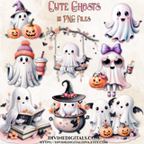 Cute Ghosts Pink Orange Black White Pumpkins Bats Latte Broom Witches Hat Halloween Party Boos Printable Clipart Digital Instant Download CU