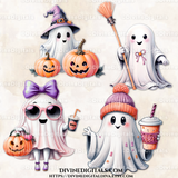 Cute Ghosts Pink Orange Black White Pumpkins Bats Latte Broom Witches Hat Halloween Party Boos Printable Clipart Digital Instant Download CU