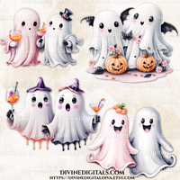 Cute Ghosts Pink Orange Black White Pumpkins Bats Latte Broom Witches Hat Halloween Party Boos Printable Clipart Digital Instant Download CU