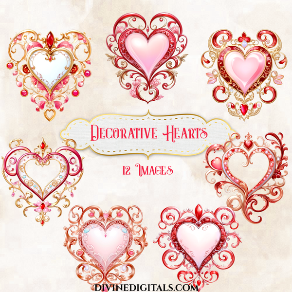 Decorative Hearts Rococo Baroque Red Pink Gold Silver Rose Gold Antique Hearts Vintage Printable Clipart Instant Download