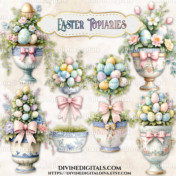 Easter Topiary Eggs Florals Pastels Chinoiseries Pink Bows Clipart Images Digital Download