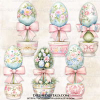 Watercolor Easter Egg Topiary Pastels Pink Bows Clipart Images Digital Download