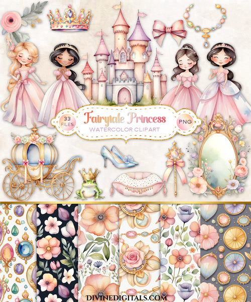 Watercolor Fairy Princess Fairytale Pastels Castle Carriage Unicorn Crown Horse Gown Mirror Papers Magical Enchanted Digital Clipart PNG